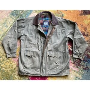 VTG Sutter & Grant Barn Coat Mens XL Heavy Canvas Leather Trim Plaid Lined Chore